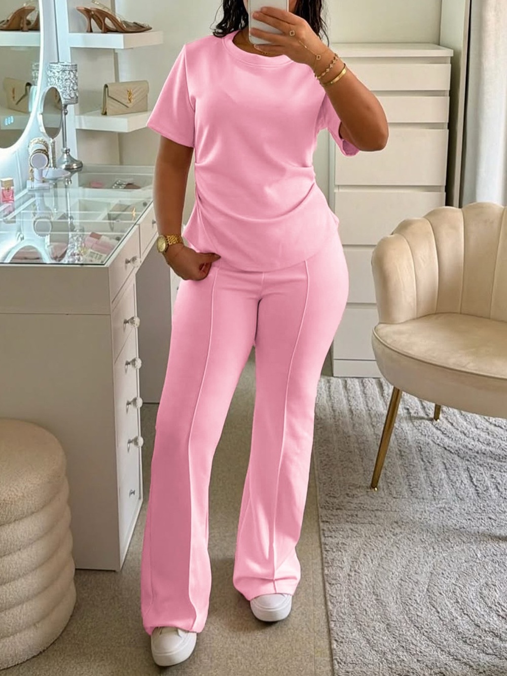 Round Neck Short Sleeve Top and Pants Set